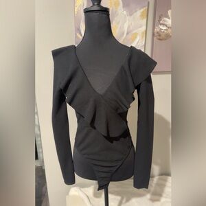 NWT Boohoo Elegant Black Ruffle Long Sleeve Bodysuit